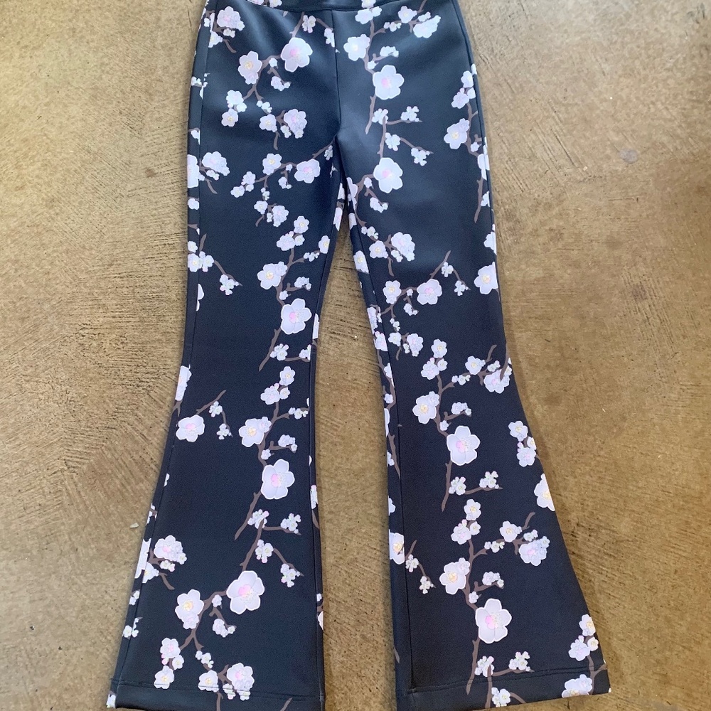 Cynthia Rowley Black Floral Neoprene Pants Pink Cherry Blossoms Asian Print $375